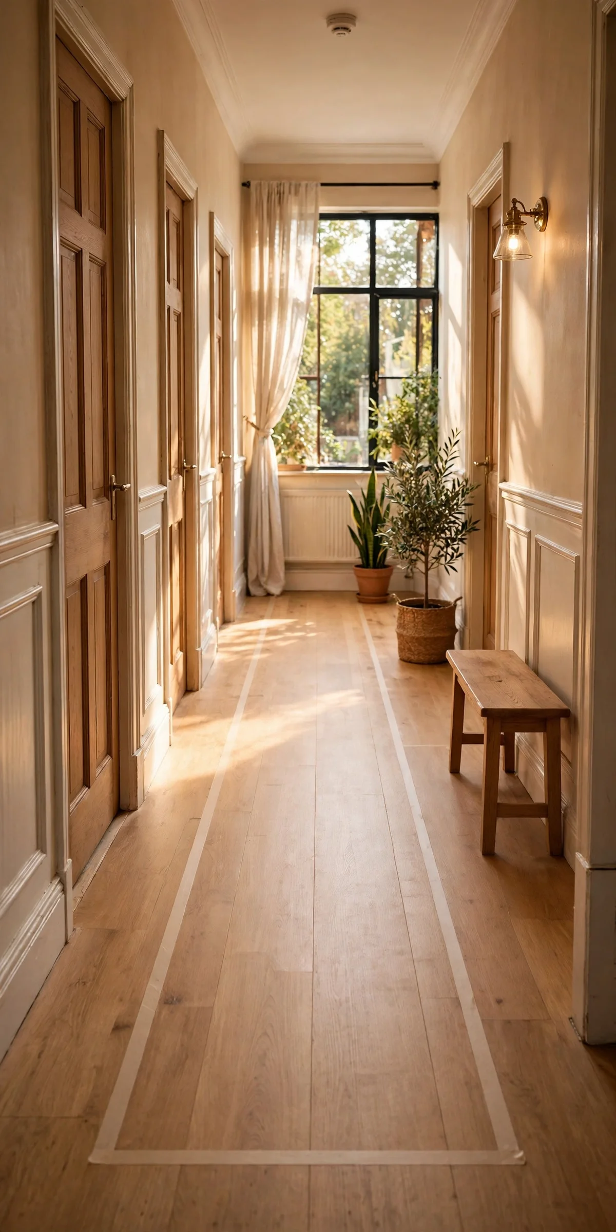 Measured clear walking lane in a narrow decorated hallway