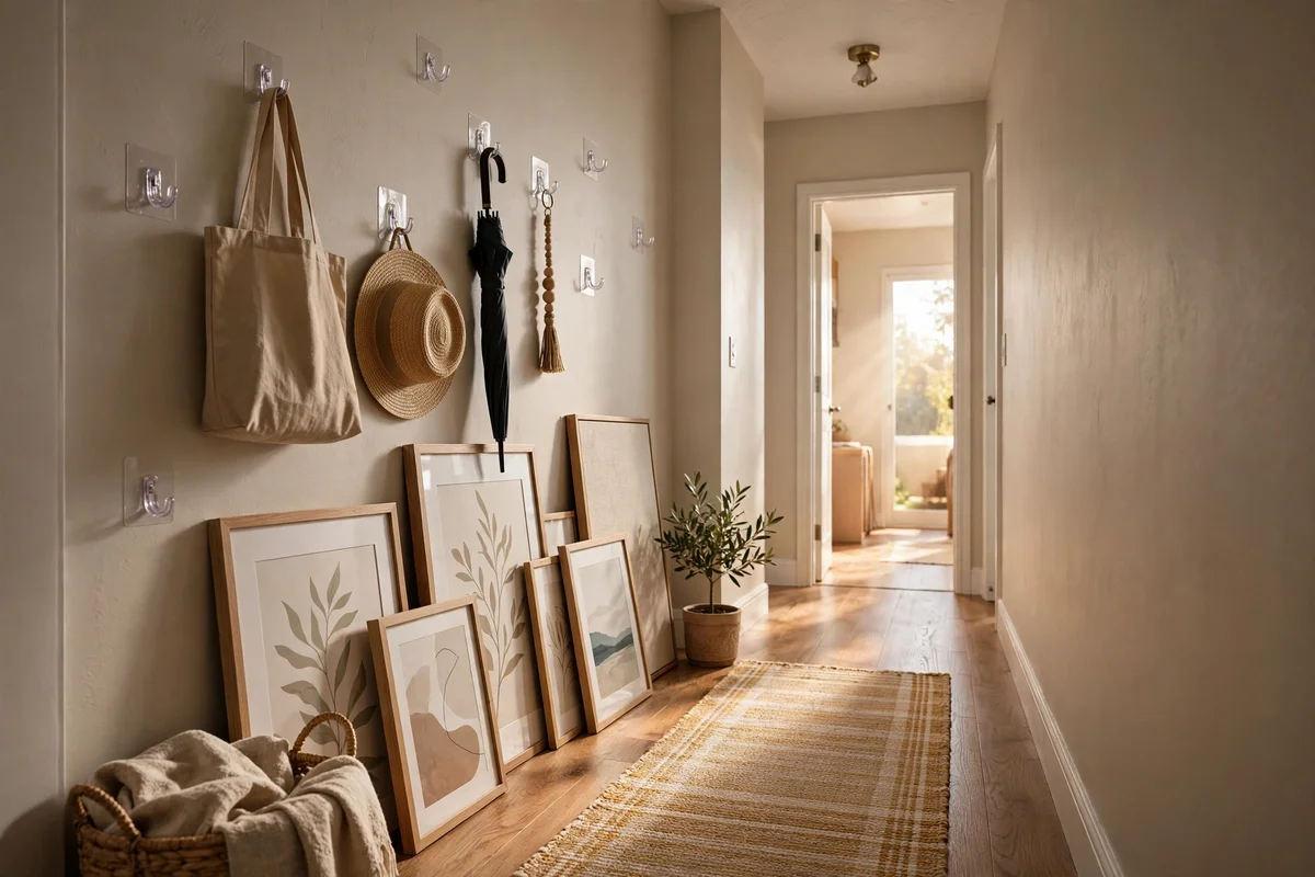 Renter friendly hallway decor with adhesive hooks and leaning frames