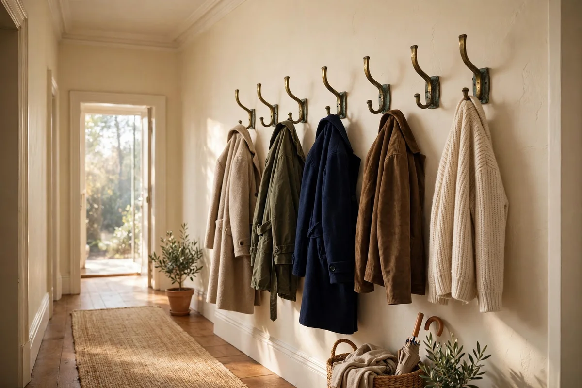 Row of aged brass wall hooks with coats in a hallway