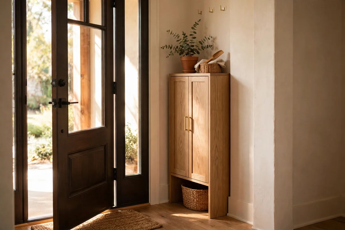 Slim oak shoe cabinet tucked in a hallway corner