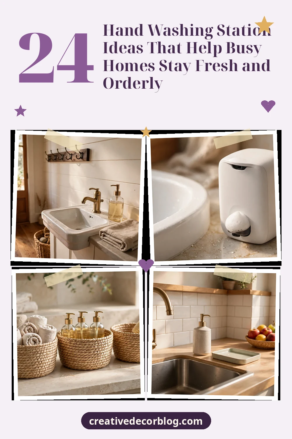 Pinterest pin collage of hand washing station ideas with the title 24 Hand Washing Station Ideas That Help Busy Homes Stay Fresh and Orderly