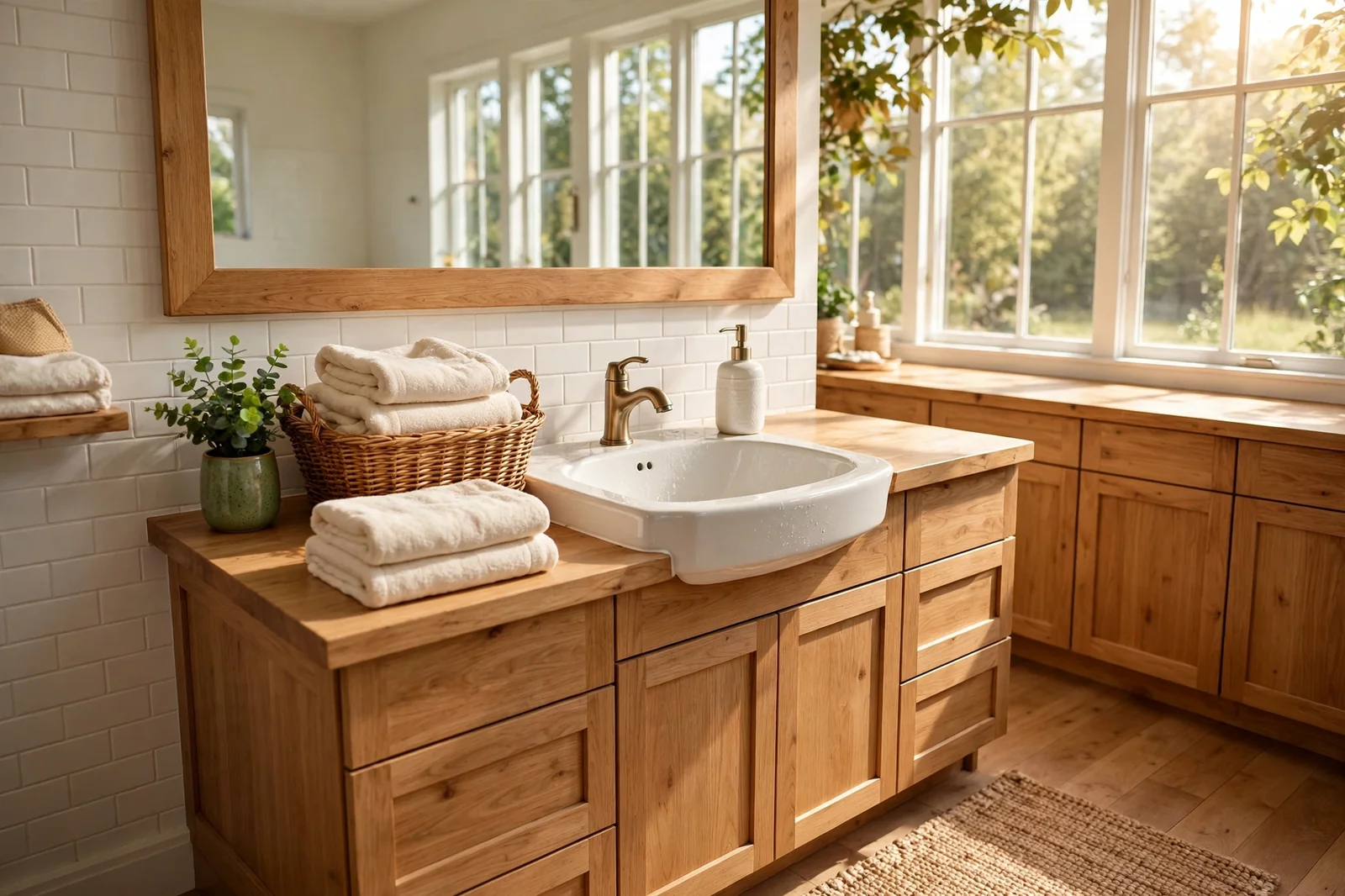Bright family bathroom hand washing station with a ceramic soap dispenser, folded towels in a woven basket and a small green plant