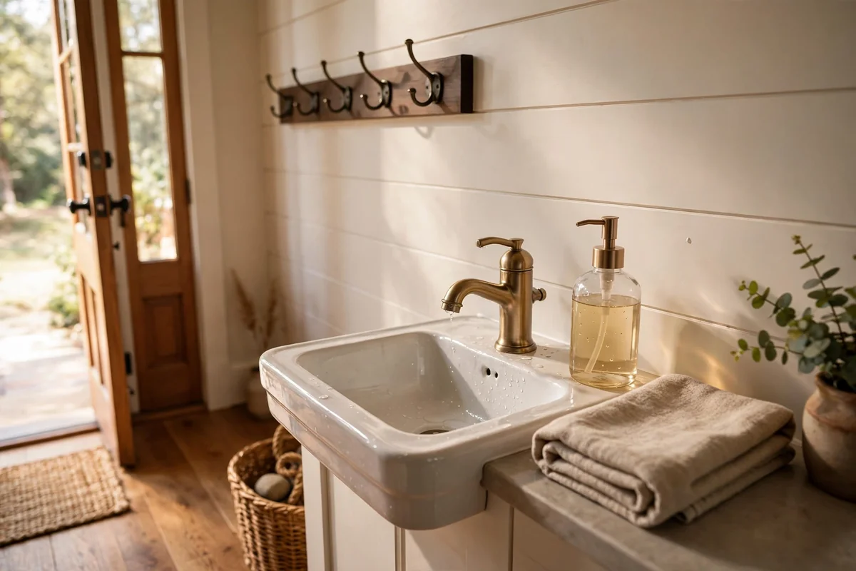 Small welcoming sink just inside a home entryway with a soap dispenser and folded hand towel