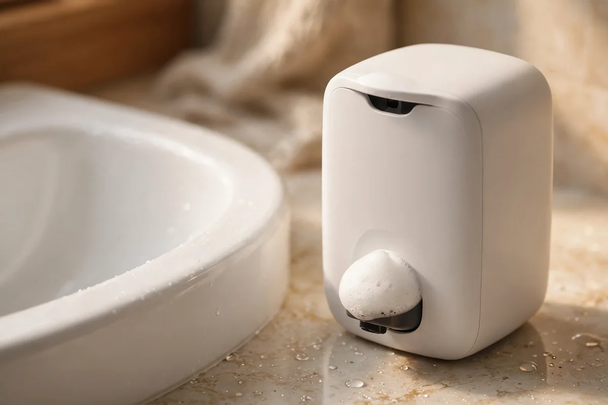Modern touch free automatic soap dispenser with a dome of foam beside a white basin