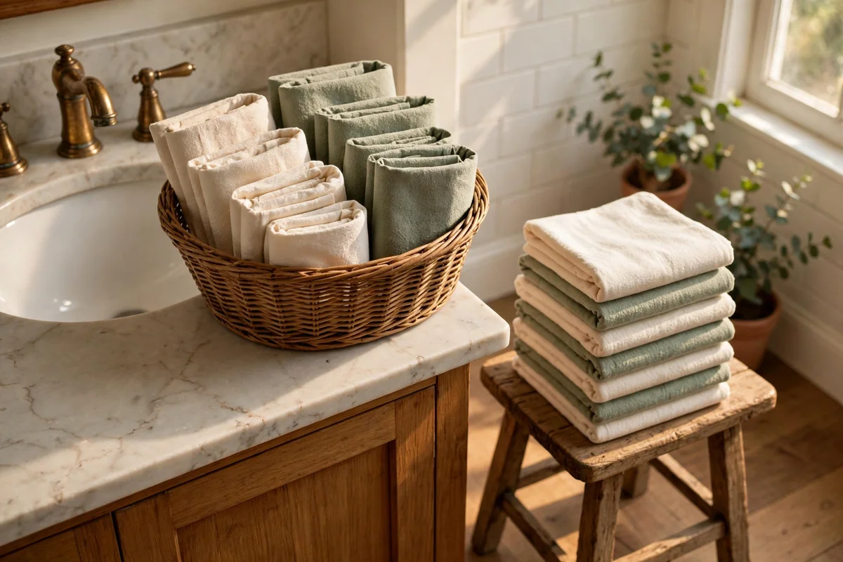 Woven basket of neatly folded cream and sage cotton hand towels beside a bathroom sink