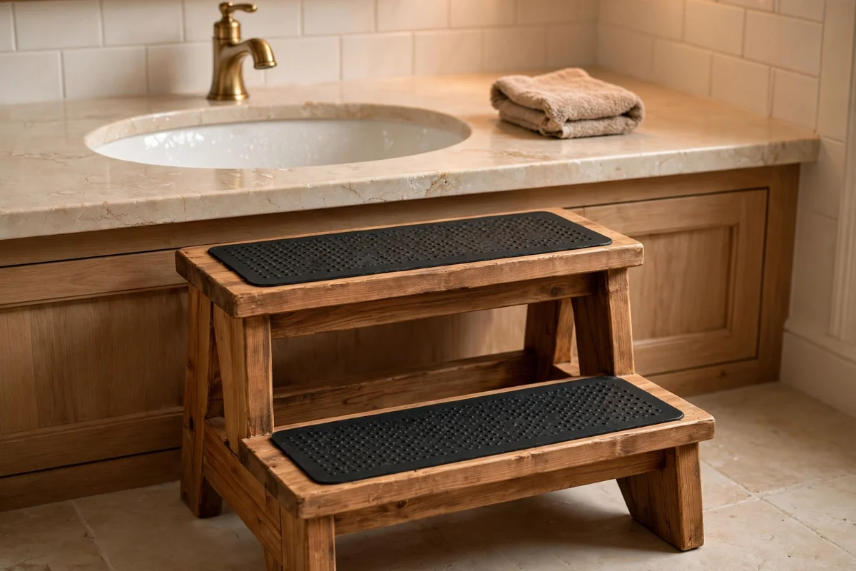Sturdy wooden two step stool with non slip treads in front of a bathroom basin