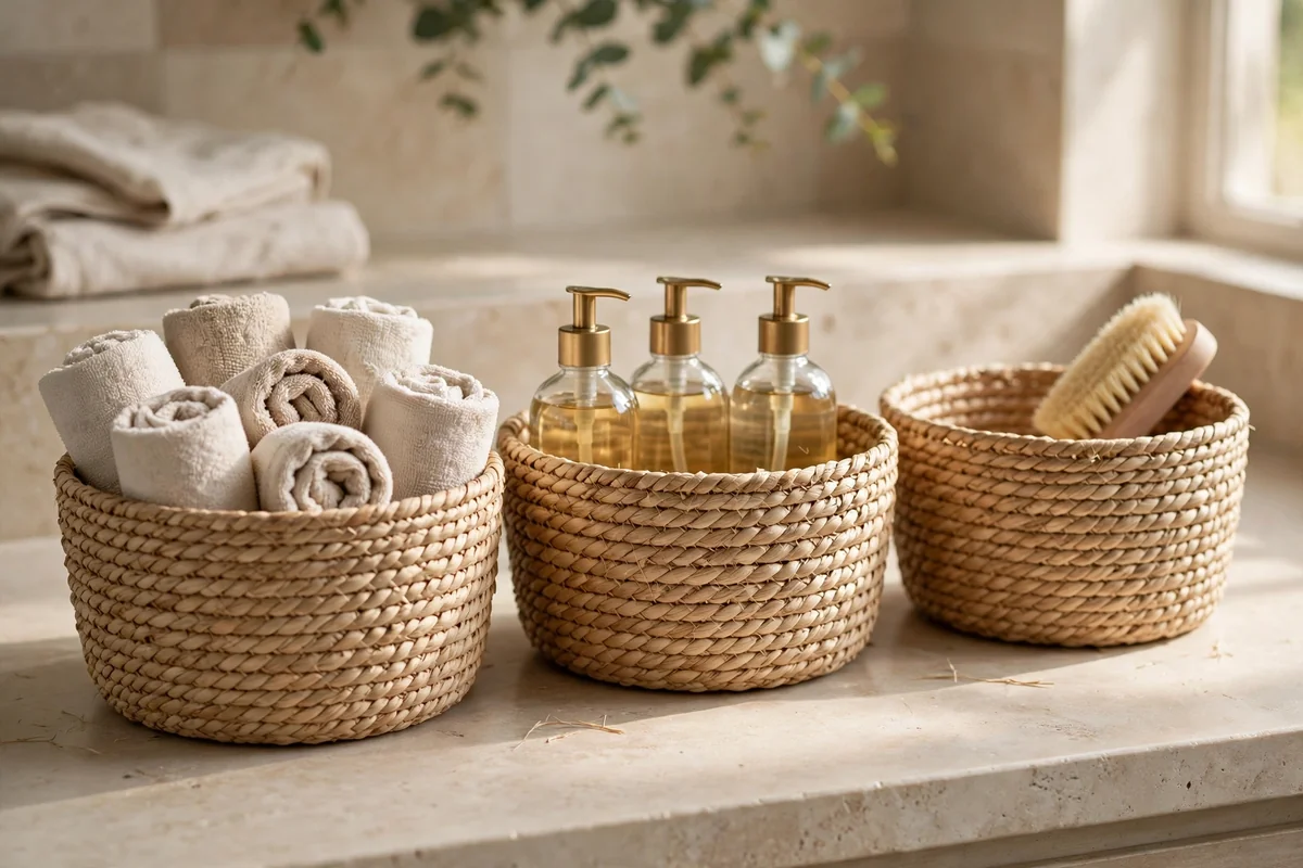 Matching woven baskets on a bathroom counter holding rolled towels and spare soap bottles