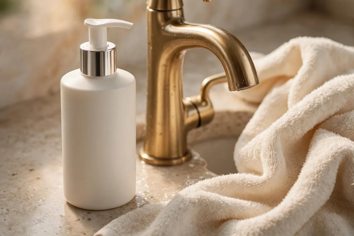 Pump bottle of gentle hand lotion beside a bathroom faucet with a soft cream towel