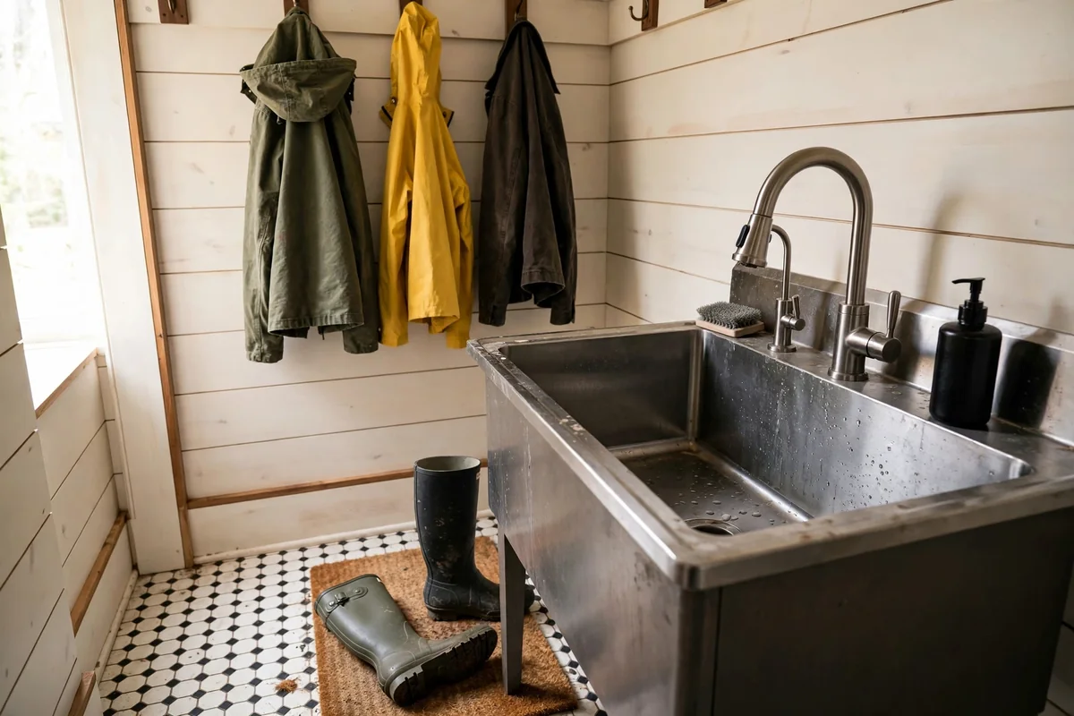 Mudroom corner with a deep utility sink, boots on a mat and hooks above
