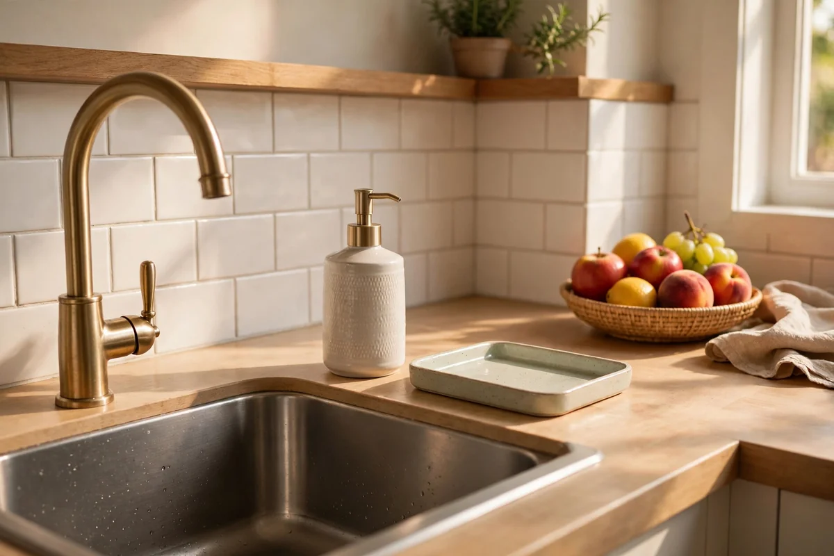 Kitchen sink corner kept clear with a ceramic soap dispenser and a washable tray