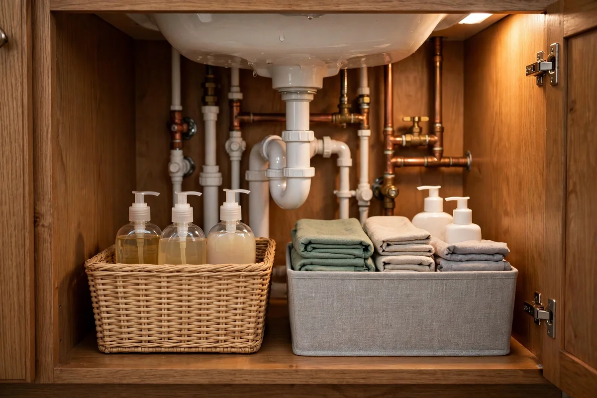 Open under sink cabinet with two tidy bins holding spare soap, cloths and lotion