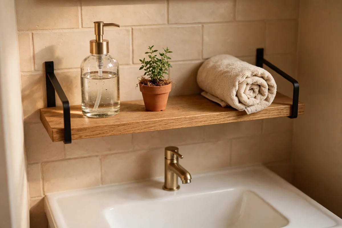 Narrow floating oak shelf above a small sink holding a dispenser, herb pot and rolled towel