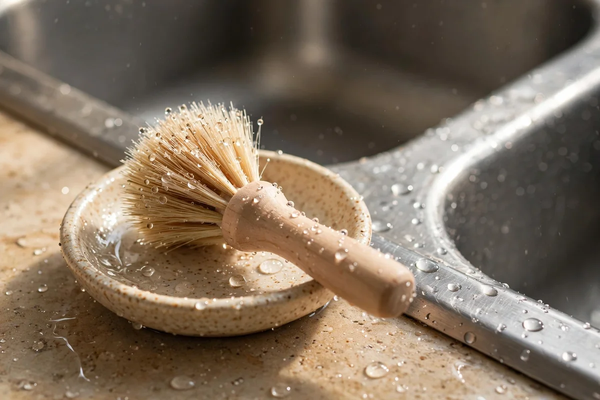 Soft natural bristle nail brush resting on a small ceramic dish beside a utility sink