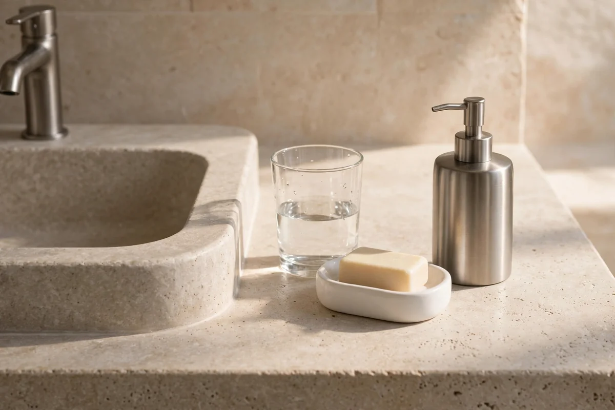 Simple glass, white ceramic and brushed steel accessories on a clean stone counter