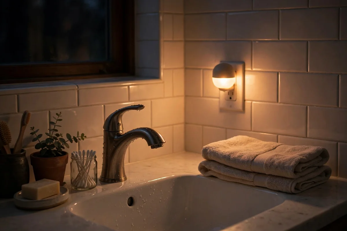 Bathroom sink softly lit by a small warm plug in night light in the evening