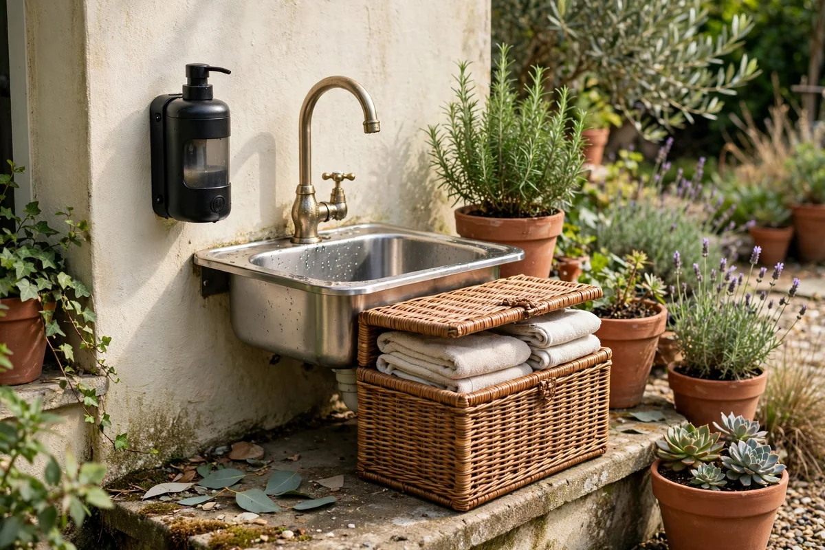 Outdoor garden sink station against a house wall with a soap dispenser and terracotta pots