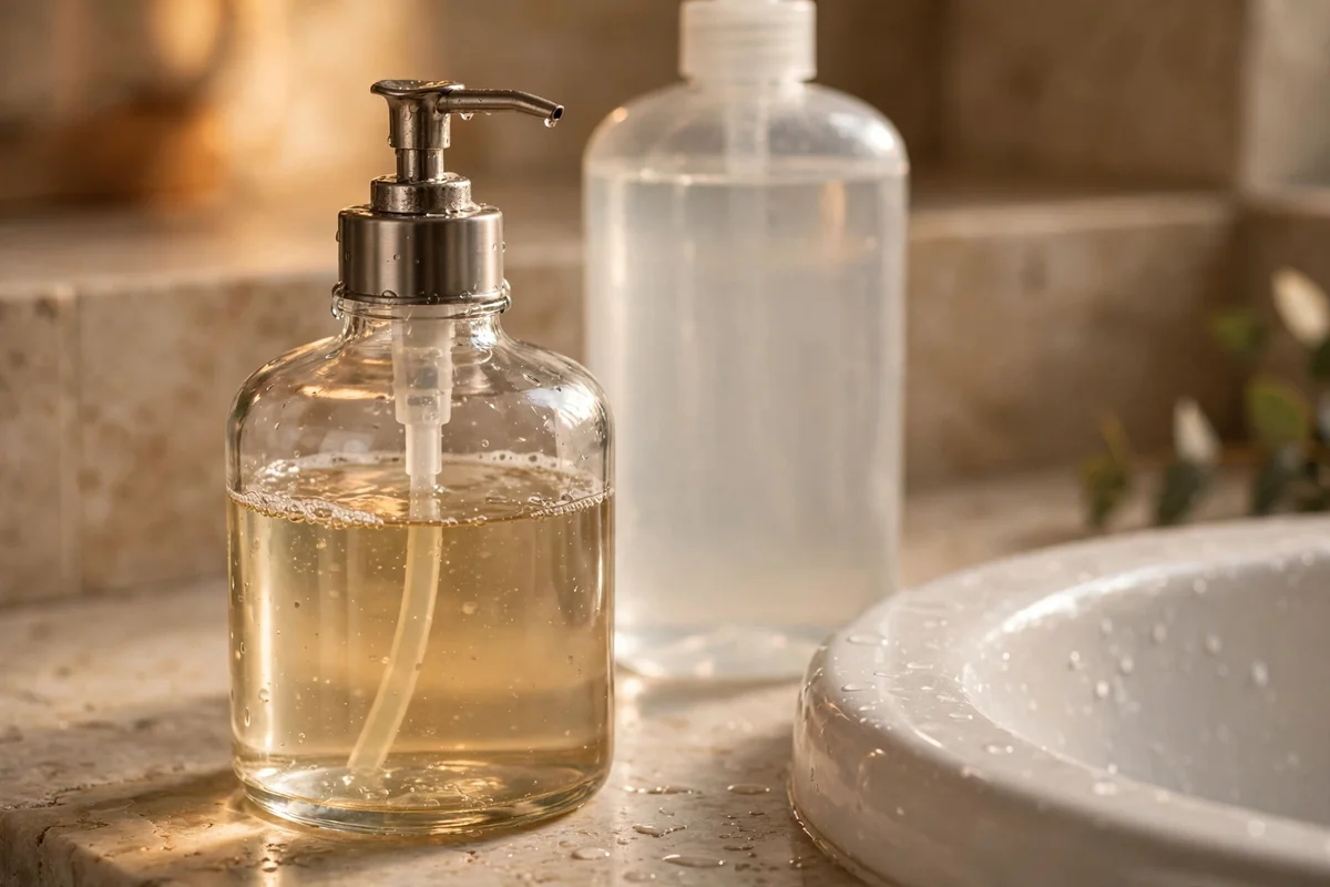 Sturdy clear glass refillable soap dispenser with a wide neck beside a bathroom sink
