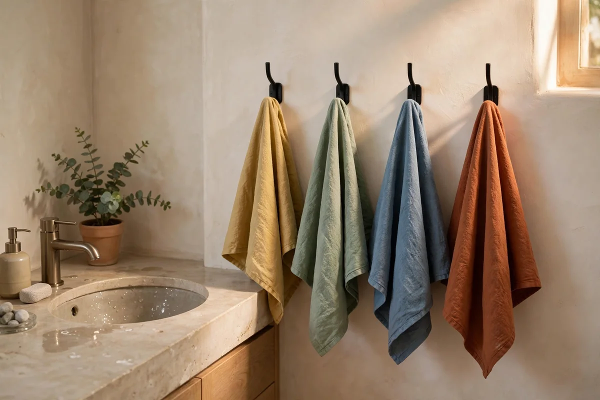 Row of four black wall hooks beside a sink, each holding a different coloured hand towel