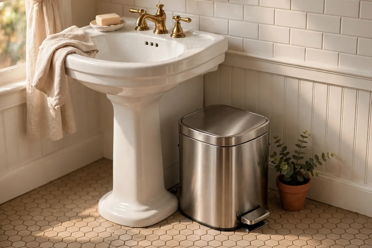 Compact lidded pedal bin in brushed steel tucked beside a white pedestal sink