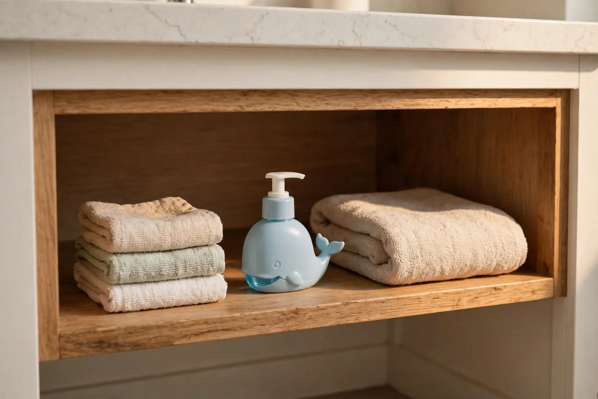Low open wooden shelf under a bathroom counter with washcloths and a child sized soap pump