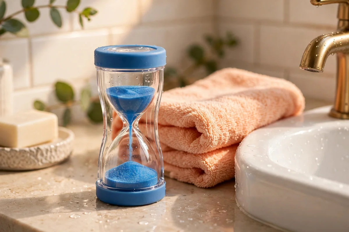 Small waterproof sand timer with blue sand standing on a bathroom counter beside a sink