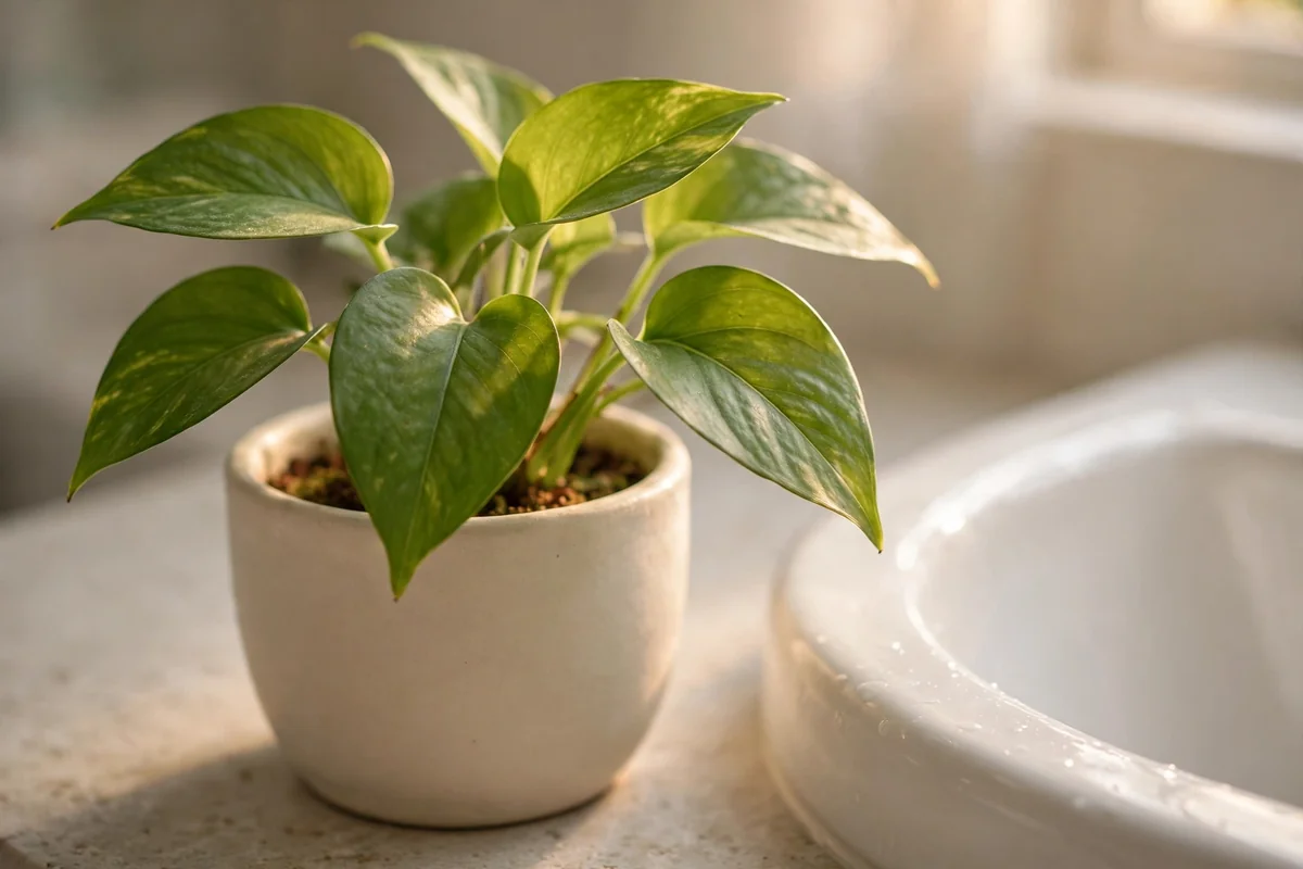 Small green pothos plant in a cream ceramic pot on a bathroom counter beside a basin