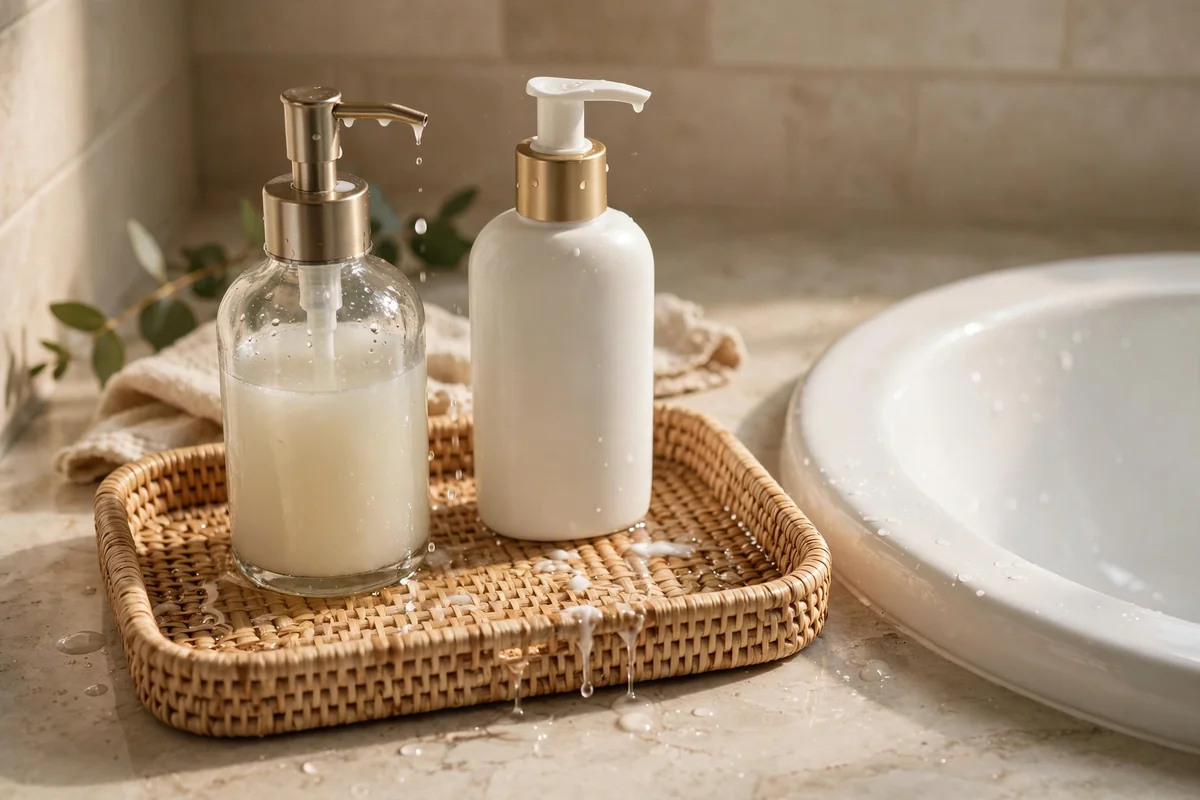 Washable woven tray under a soap dispenser and lotion bottle on a bathroom counter