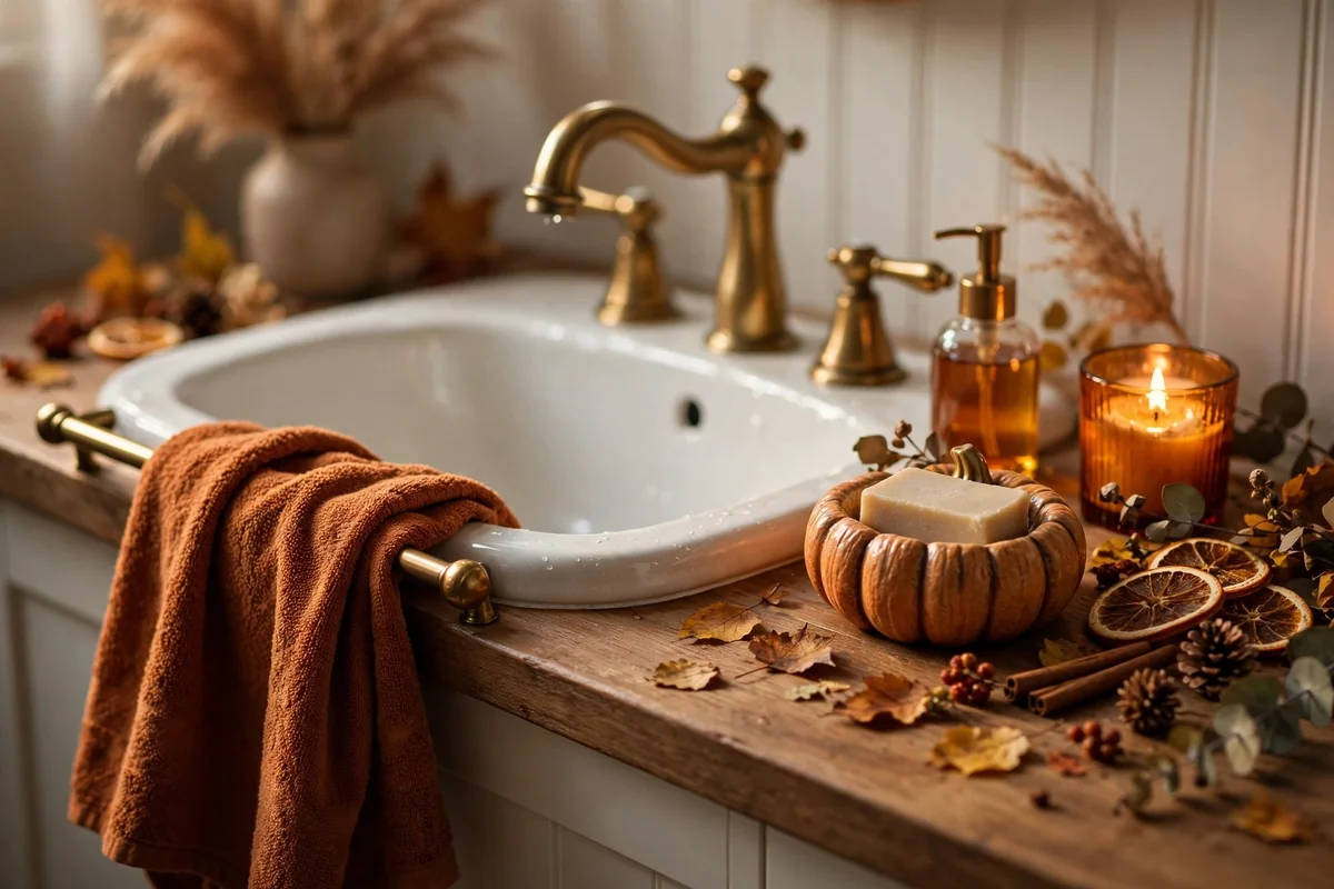Bathroom sink dressed for autumn with a rust coloured towel and a pumpkin shaped soap dish