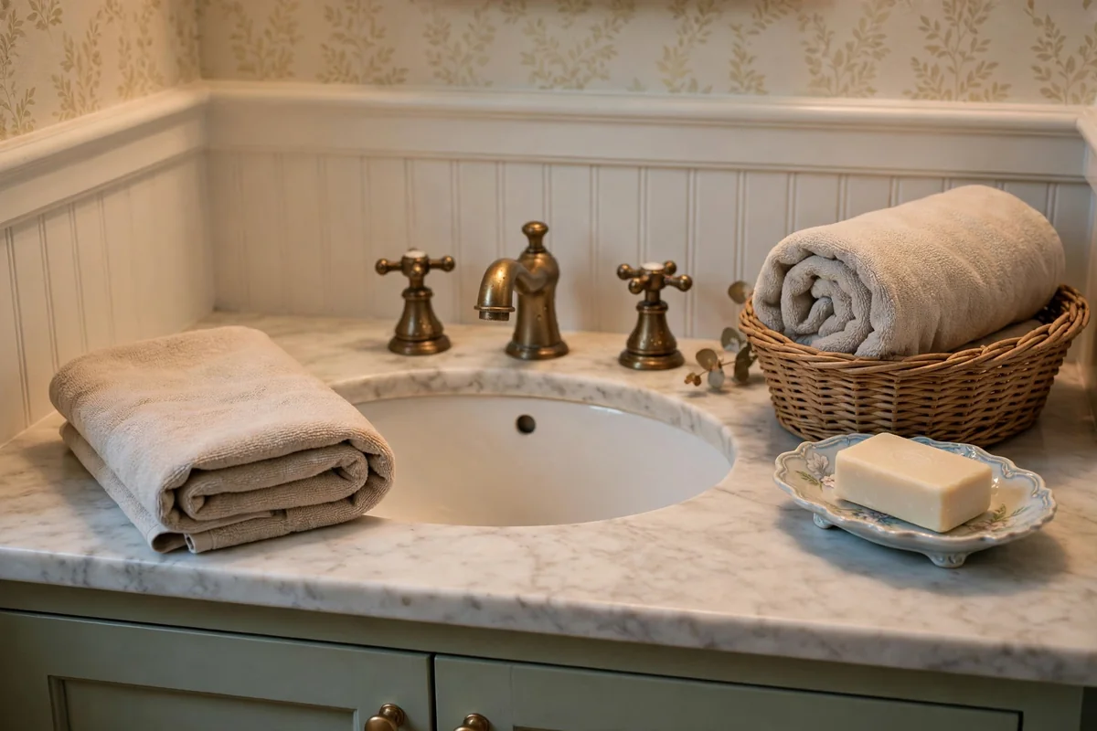 Elegant powder room sink with a folded guest towel and spare rolled towels in a basket