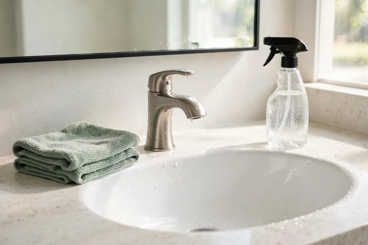 Freshly tidied hand washing station with a microfiber cloth, spray bottle and sparkling basin