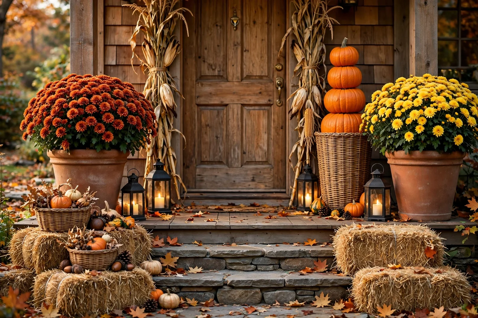 Harvest front porch with rust mums, pumpkin tower, corn stalks and lanterns