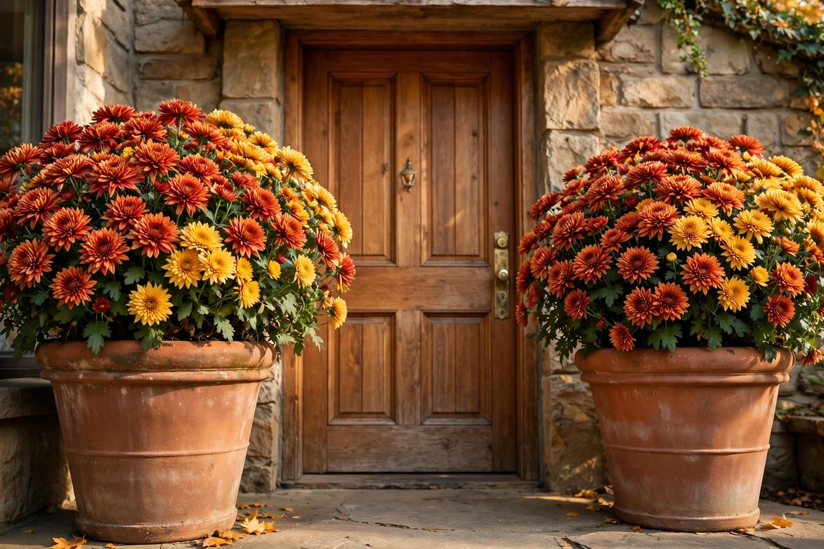 Twin terracotta planters of rust mums flanking a wooden front door in autumn