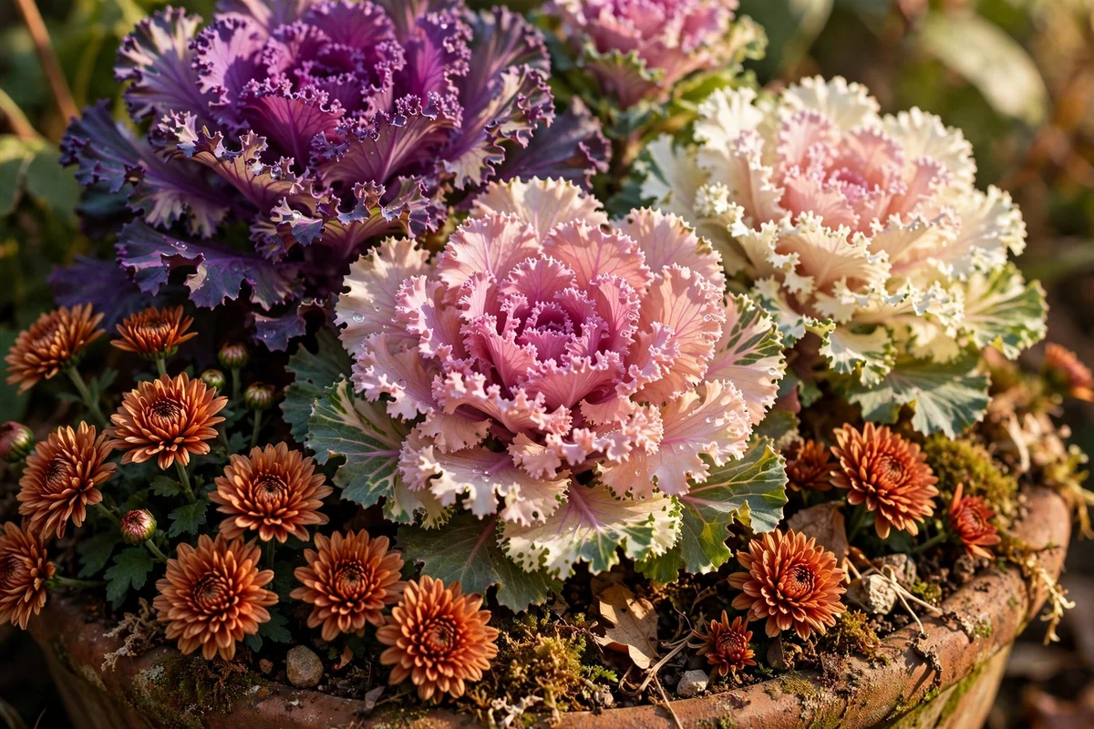 Ornamental kale crown with rose and violet leaves centred in an autumn porch planter