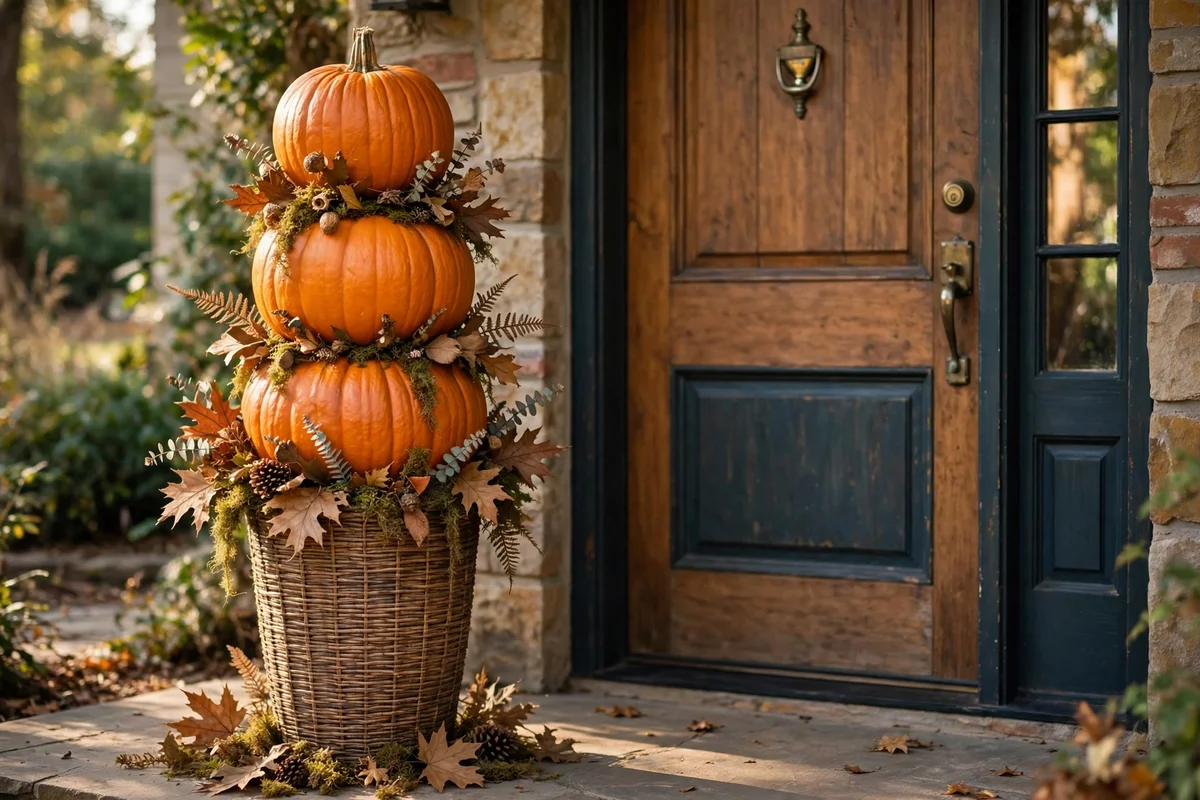 Three pumpkins stacked in decreasing size inside a tall planter by a front door