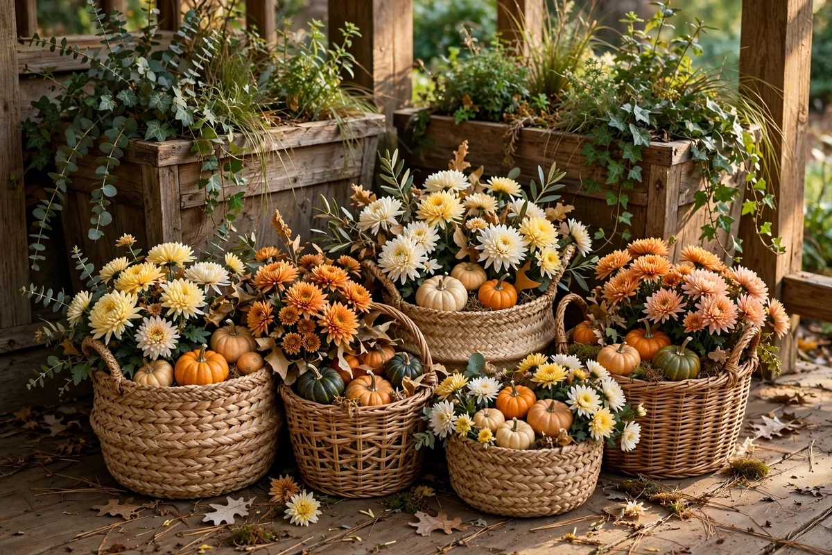 Woven seagrass baskets used as cache pots holding mums and pumpkins on a porch