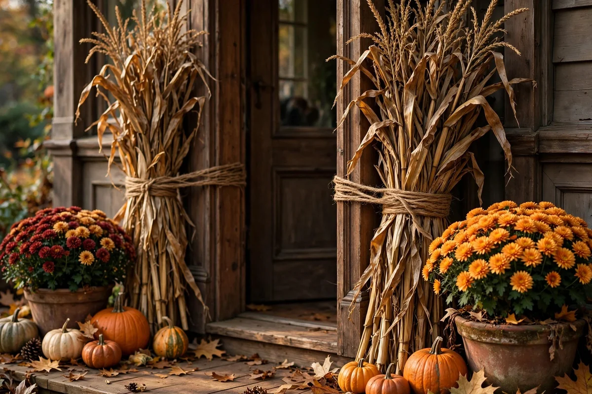 Dried corn stalks tied with jute twine beside a front door framed by autumn planters