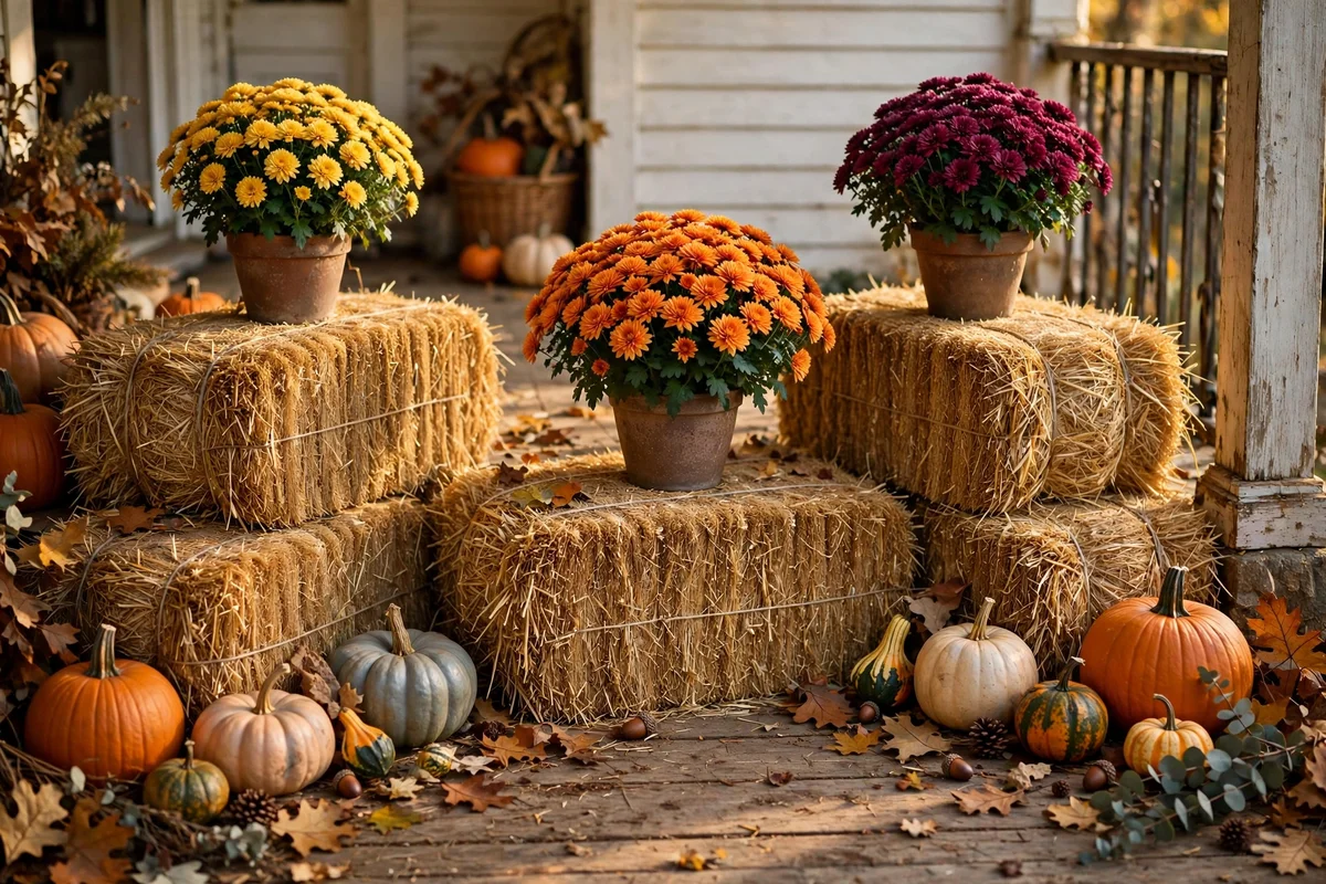 Small hay bales used as risers for autumn planters on porch steps