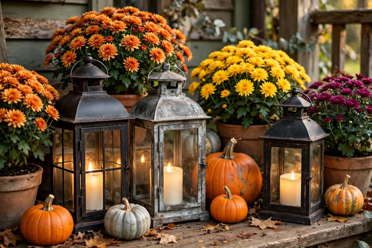 Metal lanterns glowing between autumn planters on a porch at dusk
