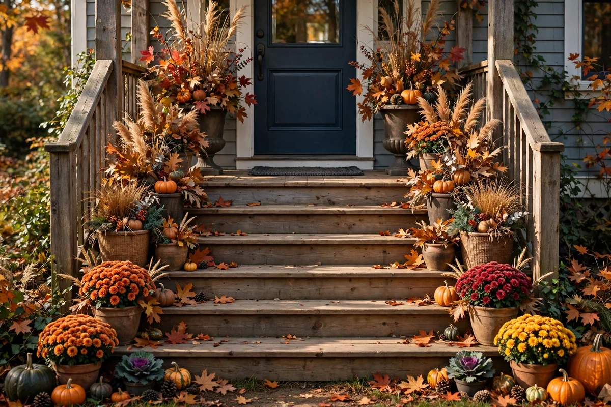 Autumn planters of rising heights layered along both sides of porch steps