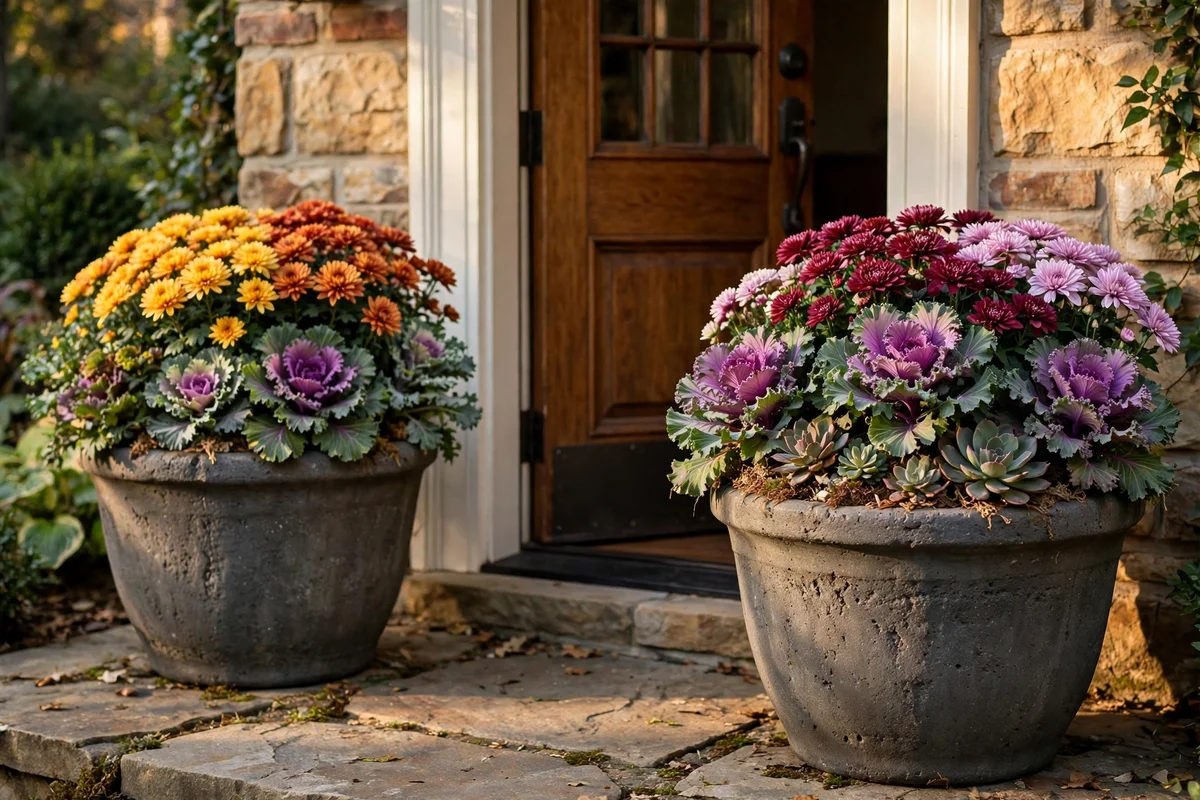 Large wide autumn planters with mums and kale showing generous scale beside a front door