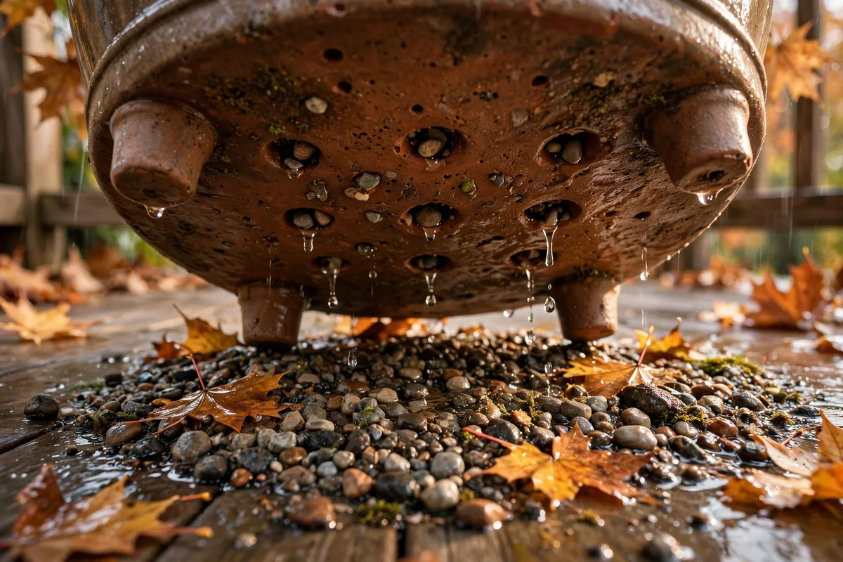 Planter base raised on pot feet showing drainage holes prepared for autumn rain