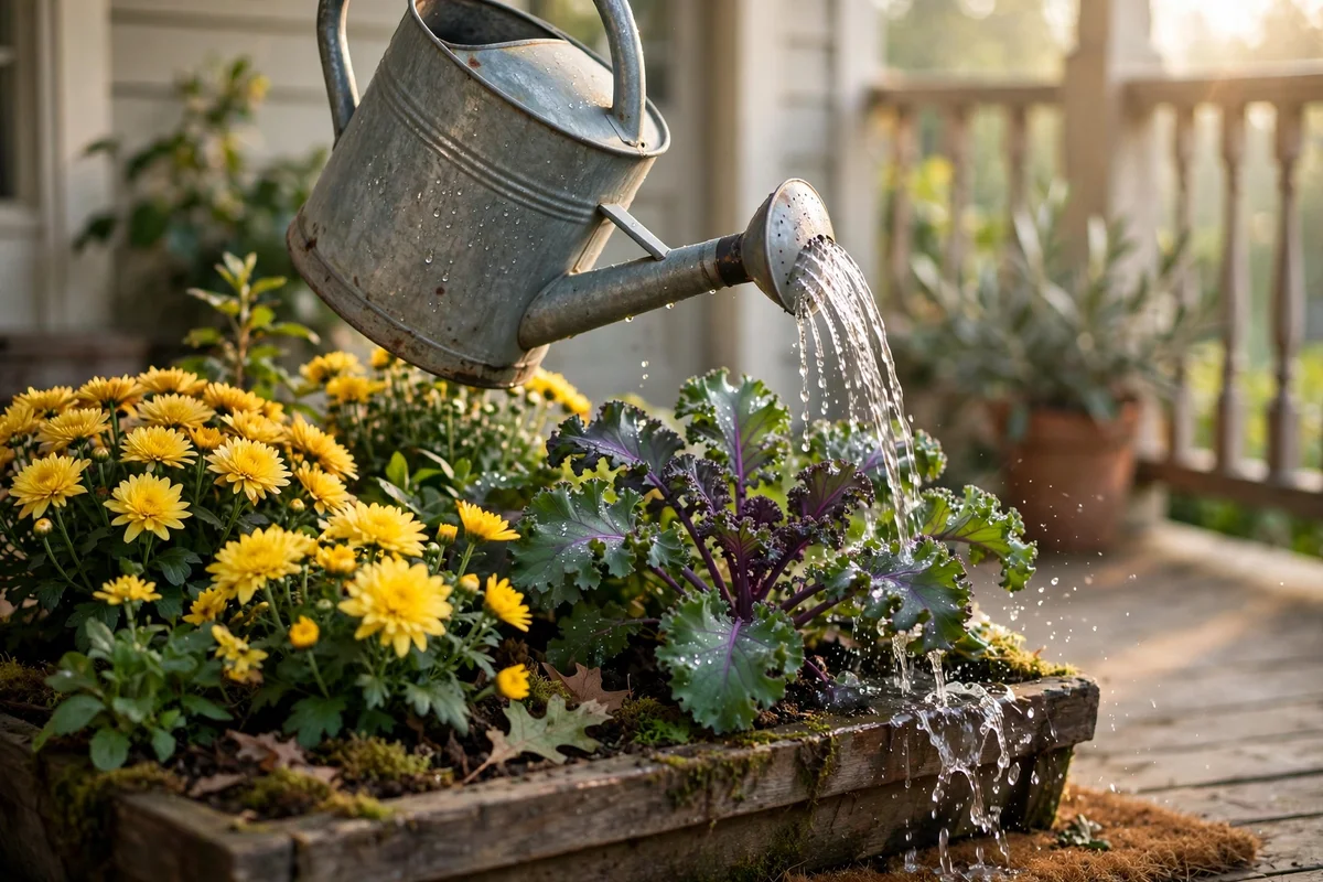 Hand watering an autumn porch planter in the morning with a watering can