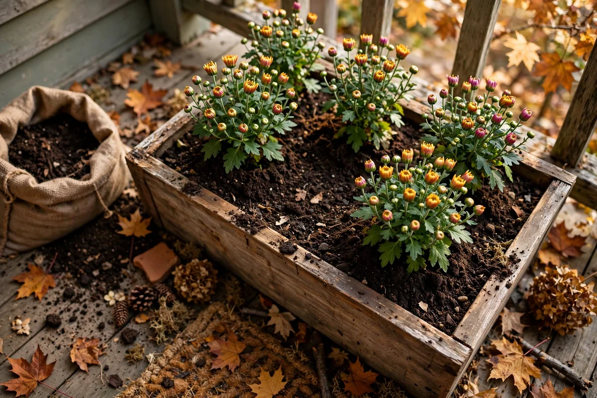 Fresh budding mums being planted into a porch planter as a mid-season refresh