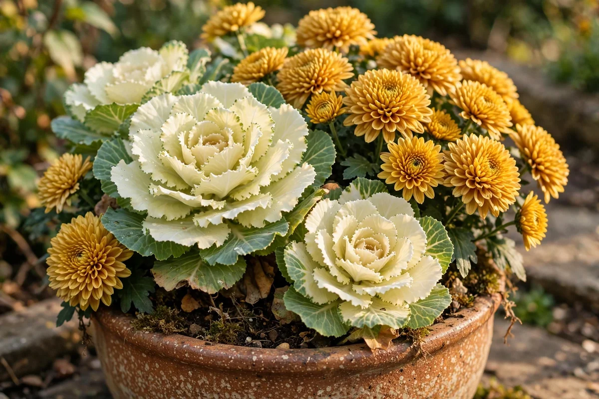 Pale ornamental cabbage heads beside gold mums in an autumn porch planter