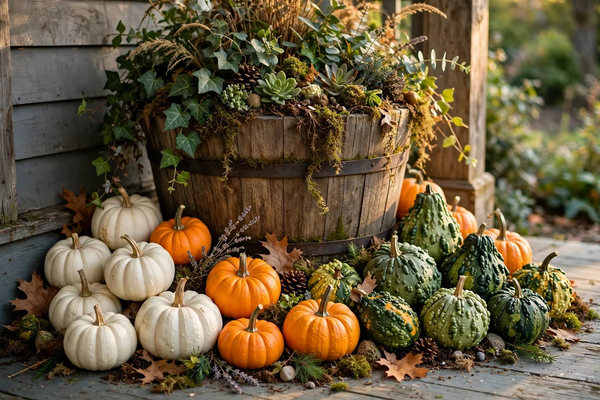 Mini pumpkins and gourds tucked around the base of an autumn porch planter