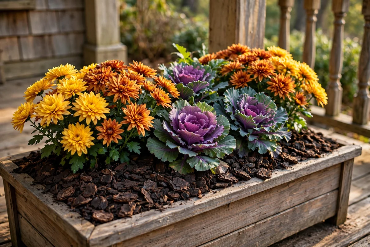 Mulched soil surface with bark and dried leaves in an autumn porch planter
