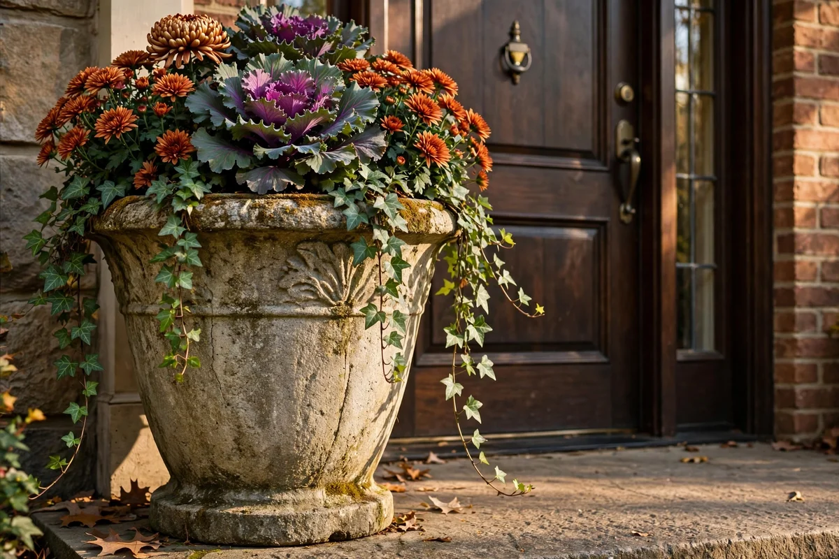 Oversized stone urn with kale, rust mums and ivy anchoring an autumn porch