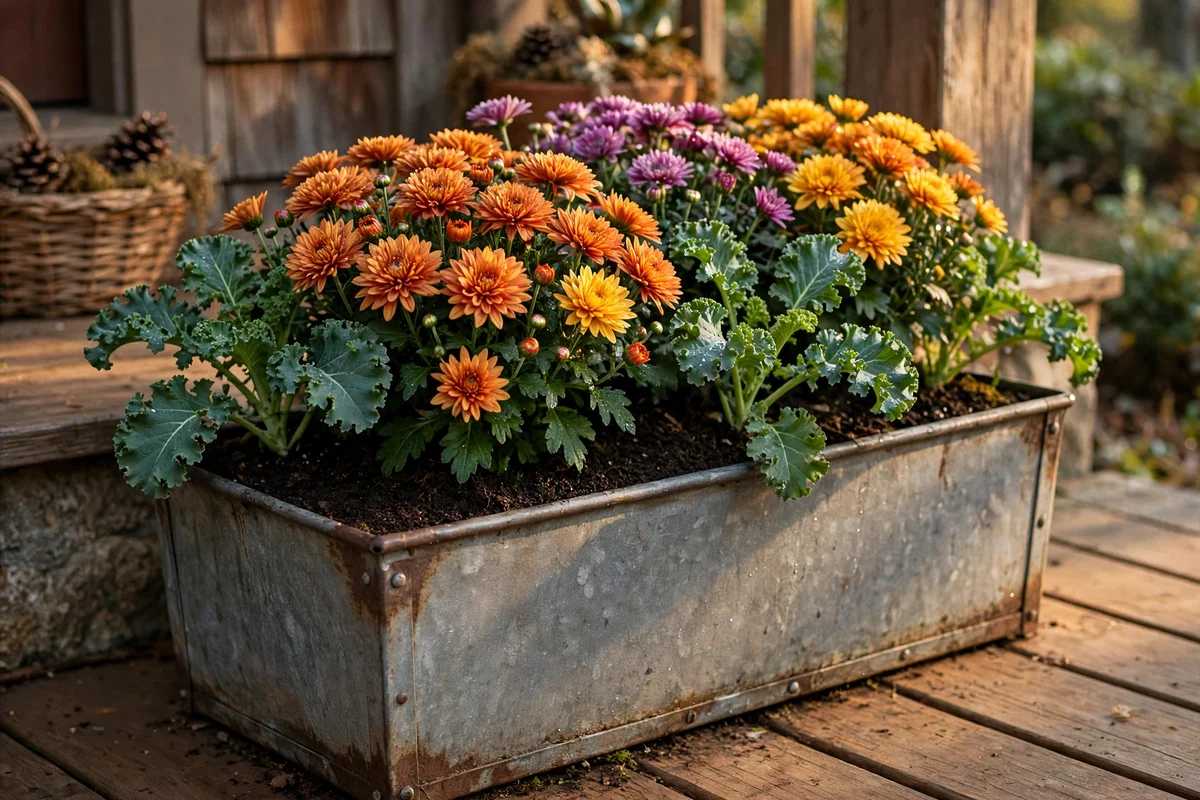 Self-watering liner reservoir shown inside a large autumn porch planter