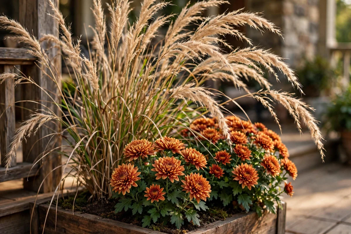 Ornamental fountain grass rising above mums and pumpkins in an autumn porch planter