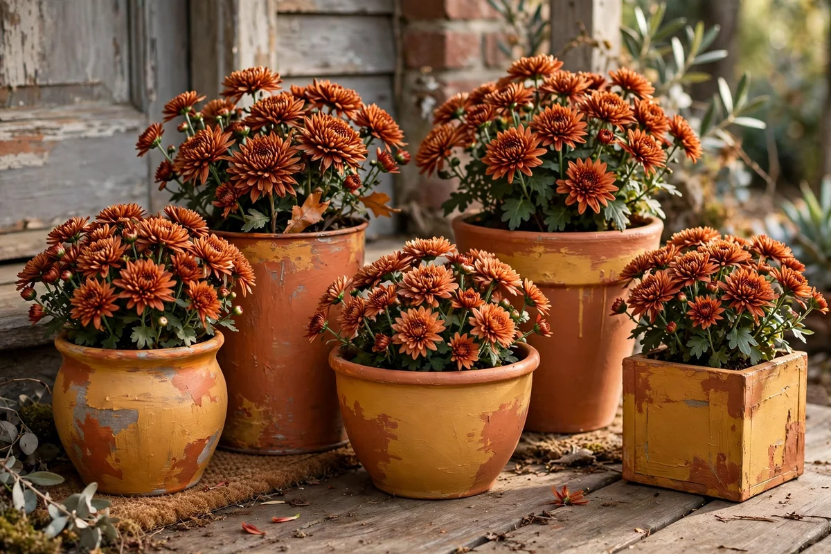 Porch planters freshly painted in warm terracotta and ochre tones with autumn mums
